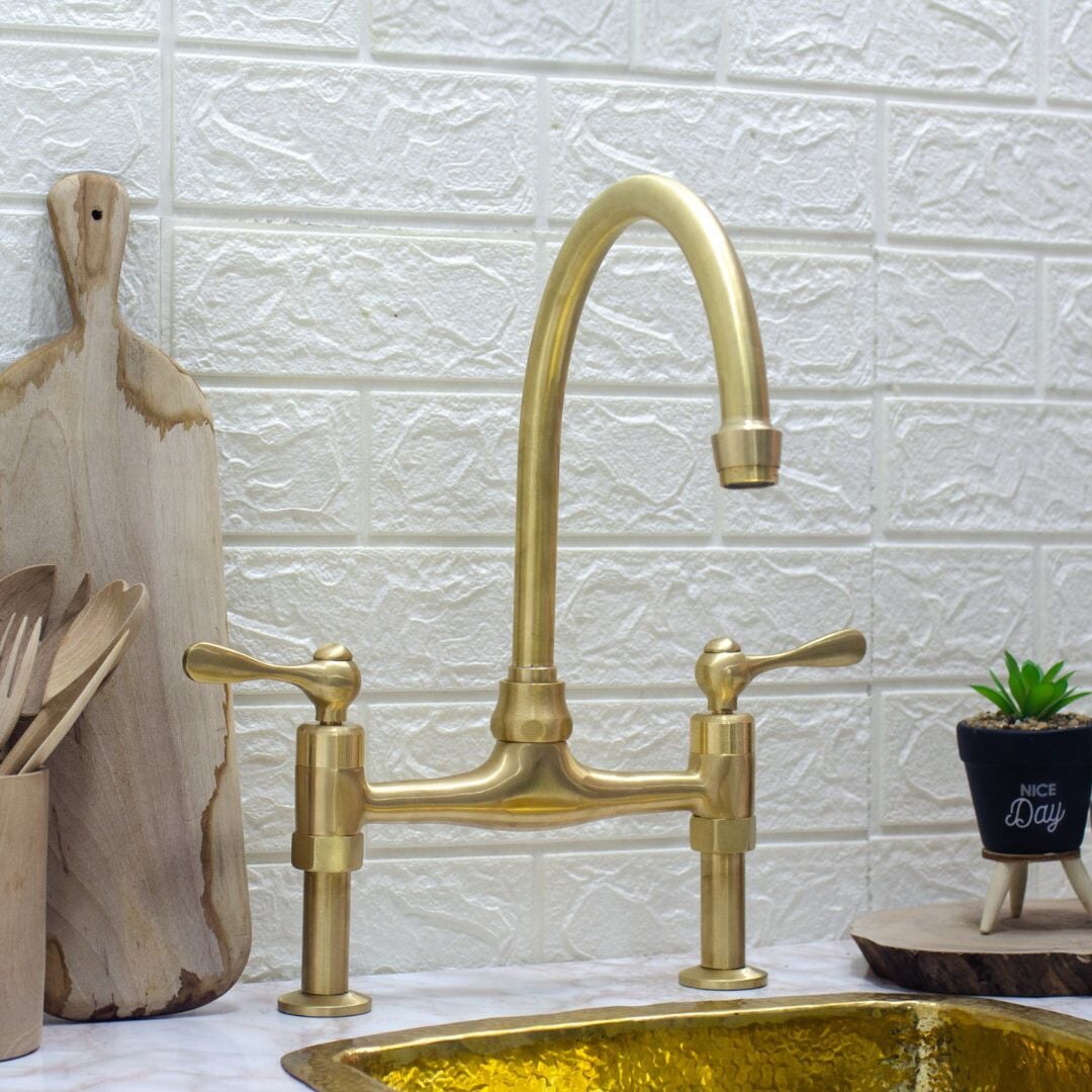 8 Brass Bridge faucet, Unlacquered Brass straight legs Faucet with classic Lever Handles